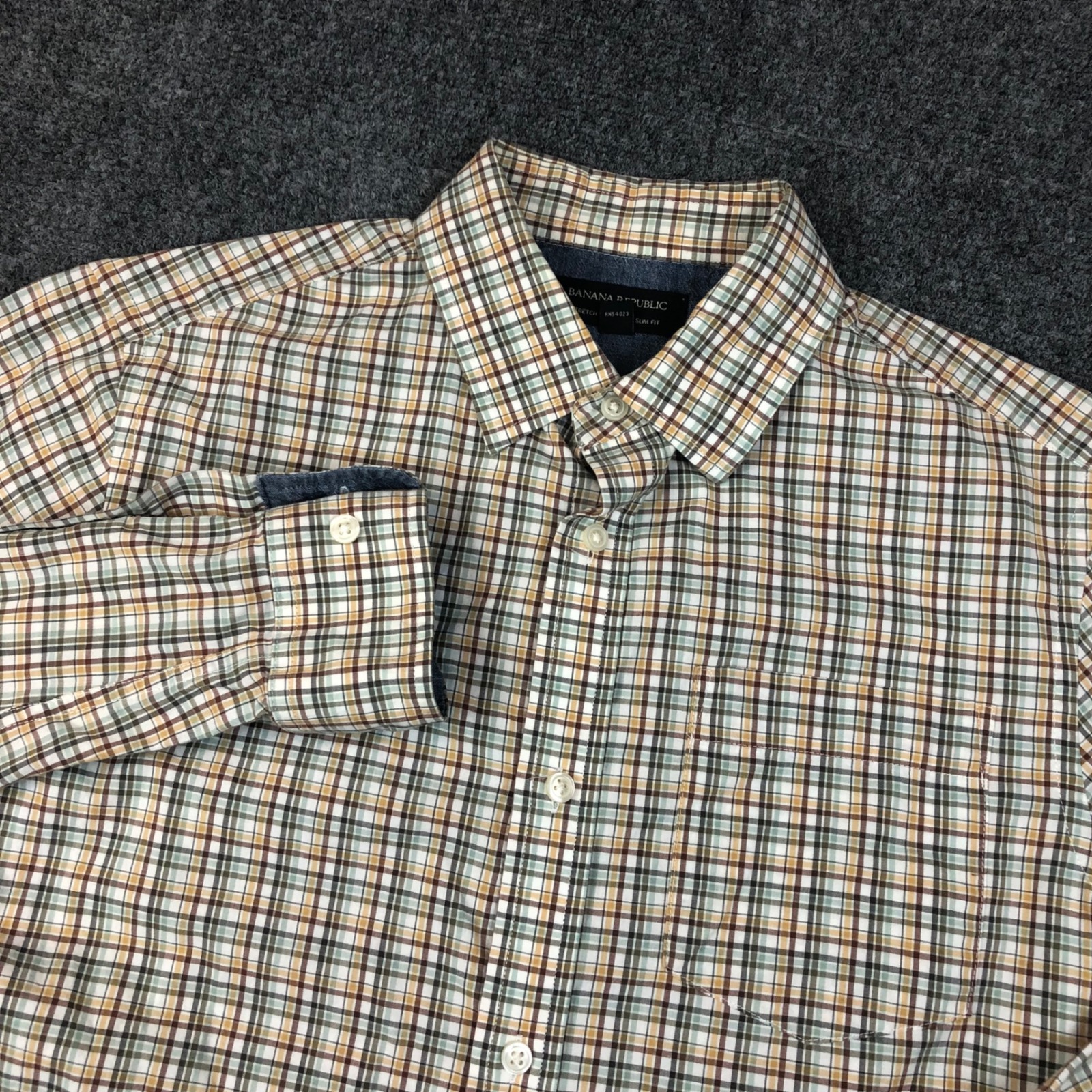 Banana Republic Mens Med Stretch Soft Wash Slim Fit Plaid Button Down Shirt Tan